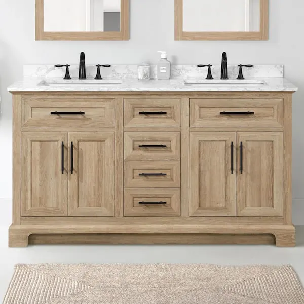 Home Decorators Collection Doveton 60 in. Double Sink Freestanding Weathered Tan Bath Vanity with White Engineered Marble Top (Assembled)