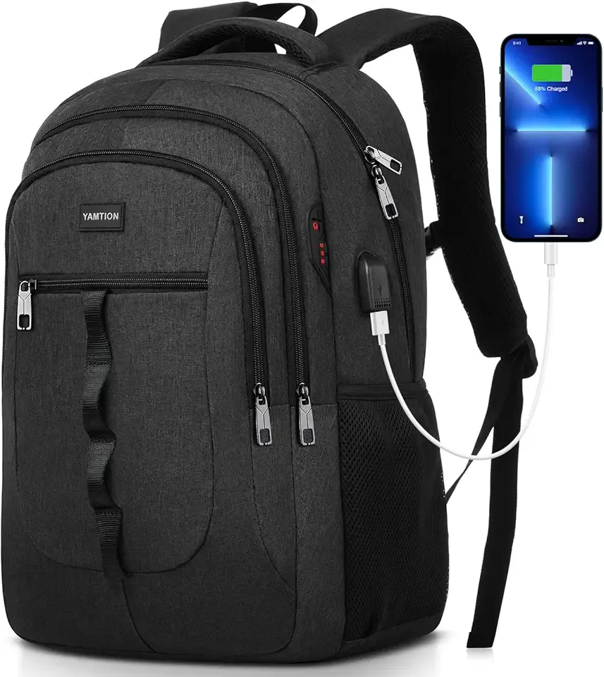 YAMTION Black Backpack for Men and Women,School Backpack Bookbag for Teen Boys and Girls Laptop Backpack with USB for Collge Work Business