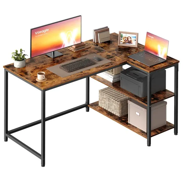 Escritorio gaming en L con estantería y baldas de altura regulable, 110x80 cm, marrón rústico