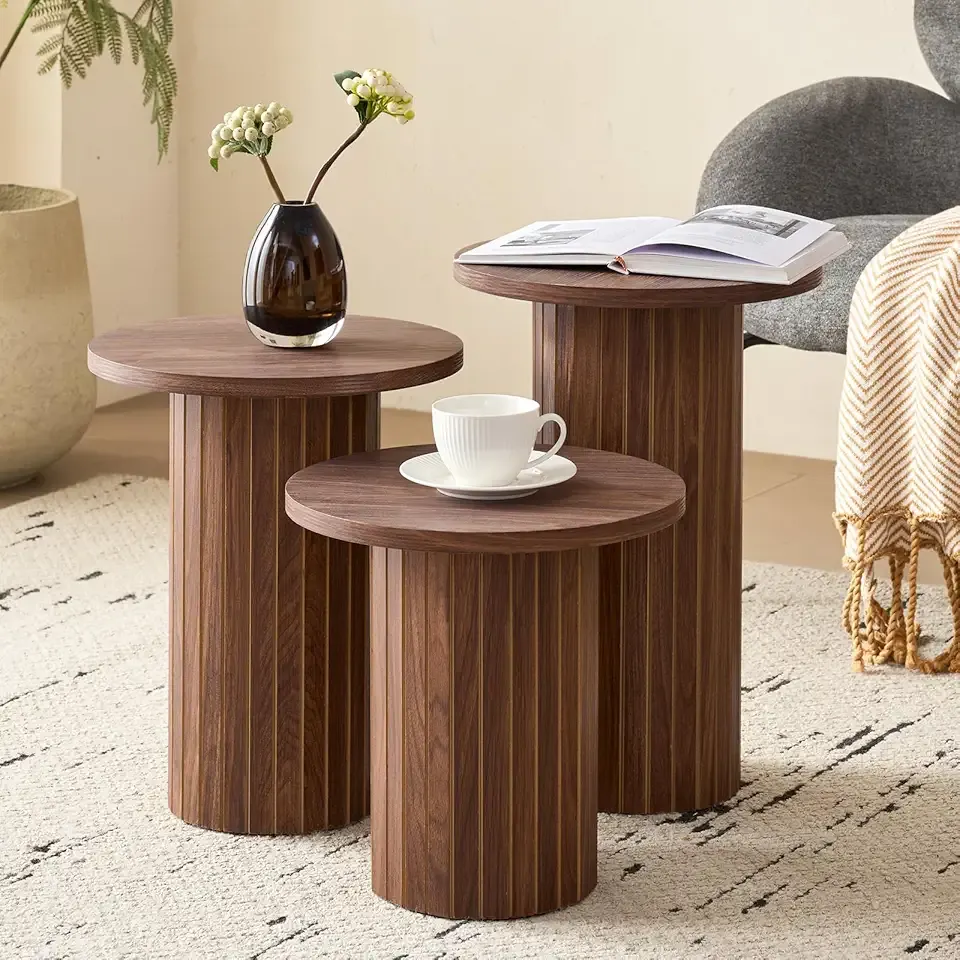 3-Piece Nesting Coffee Table Set, Modern Small Round Wood Side Tables, Fluted Drum Base, for Living Room Bedroom Apartment Small Space, Brown