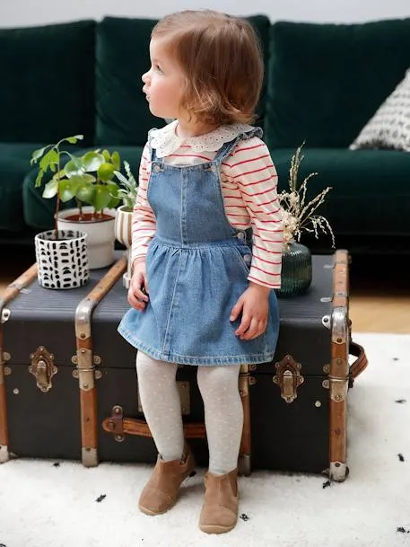Robe salopette bébé en denim bretelles volantées - stone