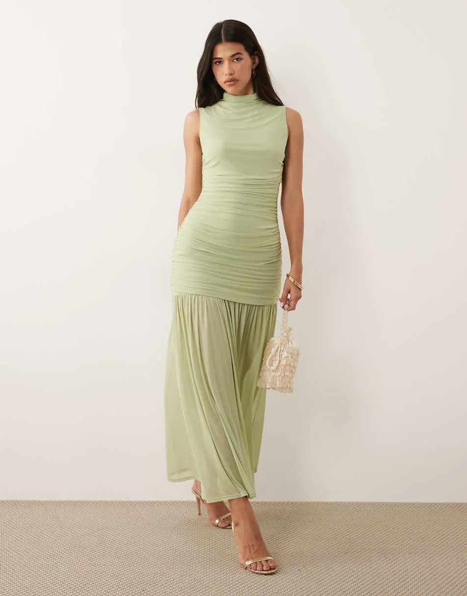 ASOS DESIGN ruched drop waist circle dress with grown in neck in sage green