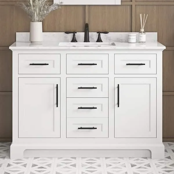 Home Decorators Collection Doveton 48 in. Single Sink Freestanding White Bath Vanity with White Engineered Marble Top (Assembled)