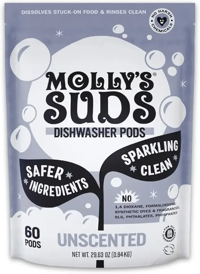 Molly's Suds Dishwasher Pods | Clean Dishwasher Detergent, Cuts Grease & Rinses Clean (Residue-Free) for Sparkling Dishes | 60 Auto-Release Tabs (Unscented)
