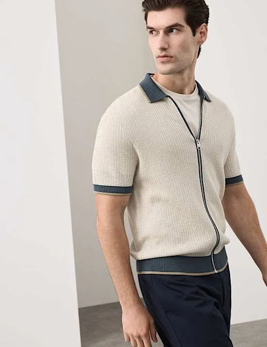 Gestricktes Poloshirt aus reiner Baumwolle mit linearer Naht und Reißverschluss