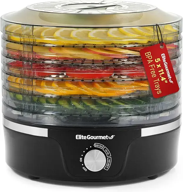 Elite Gourmet EFD319 Food Dehydrator, 5 BPA-Free 11.4" Trays Adjustable Temperature Controls, Jerky, Herbs, Fruit, Veggies, Dried Snacks, Black