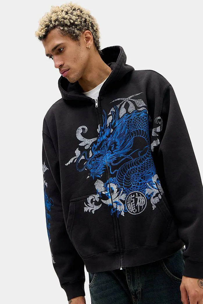 Felpa con cappuccio e zip UO Washed nera con draghi
