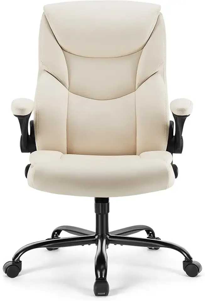 Sweetcrispy Ergonomic Office Chair Heavy Duty Task Desk Chair with Flip-up Arms, PU Leather, Adjustable Swivel Rolling Chair with Wheels, Beige