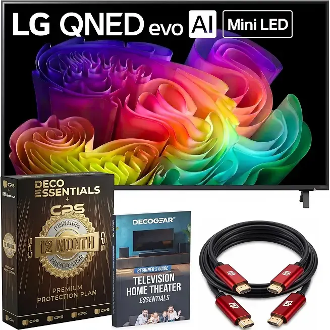 LG 100-Inch QNED evo AI Mini LED 4K Smart TV with a8 Gen3 Processor, Quantum Color, Dolby Vision, Dolby Atmos & 144Hz VRR Gaming Bundle with Deco Essentials 1-Year Extended Protection and HDMI Cables