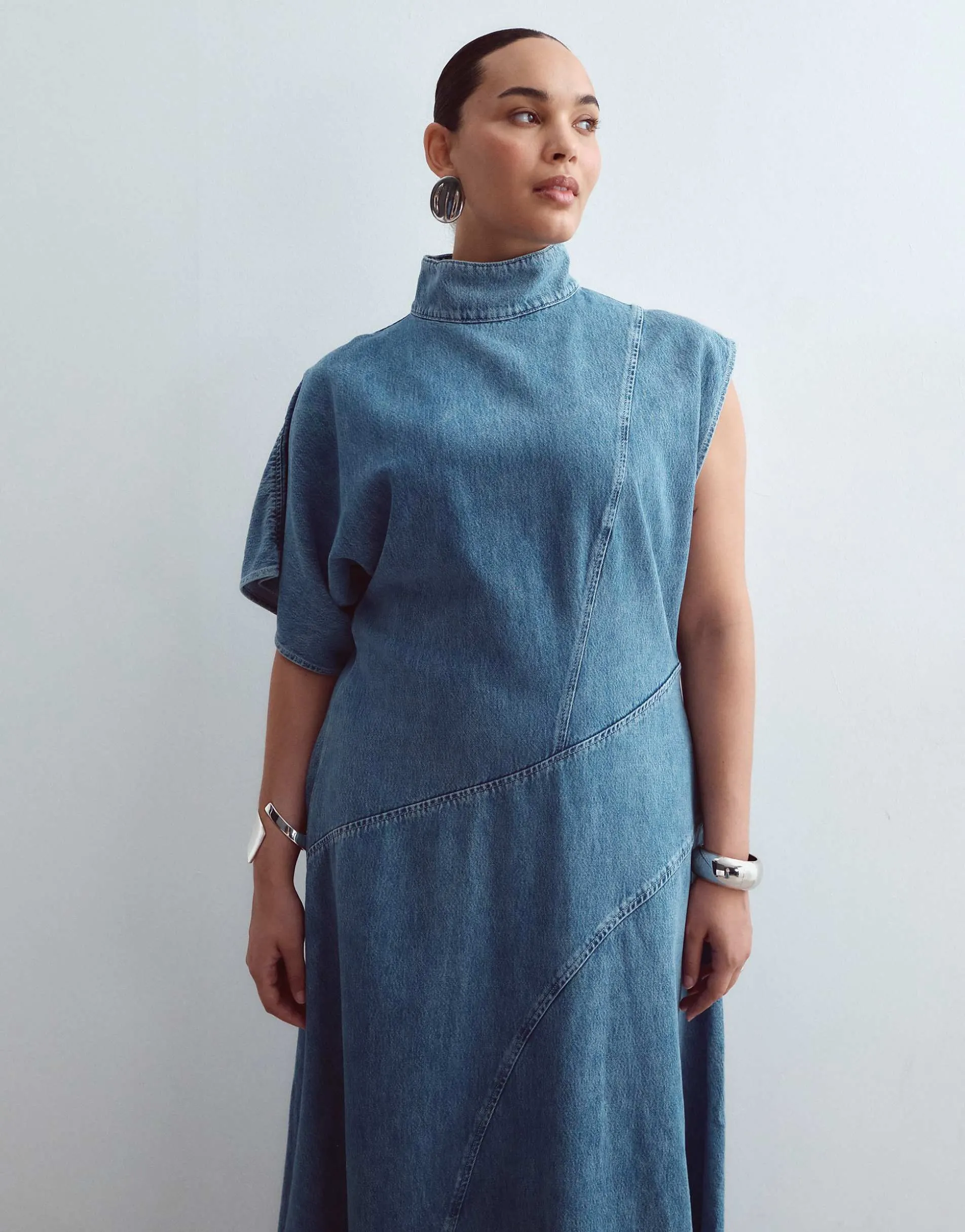 ARRANGE Curve seam detail denim maxi dress in mid wash blue