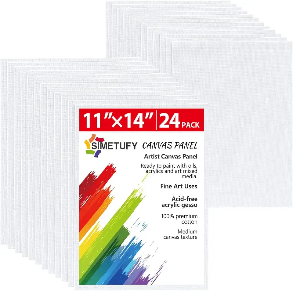 Simetufy 24 Pcs 11x14Inch Flat Canvas Boards for Painting, Art Panels | Gesso Primed Acid-Free 100% Cotton Blank for Acrylics Oil Watercolor Tempera Paint