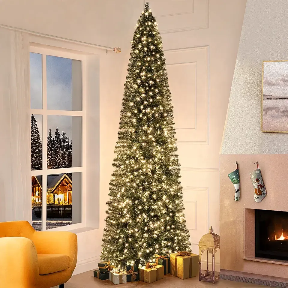 Vienna 9ft Prelit Slim Artificial Christmas Tree with 1455 Branch Tips, 500 Warm Lights and Metal Stand, 37" Wide Realistic Skinny Pencil Christmas Tree with Lights by Naomi Home