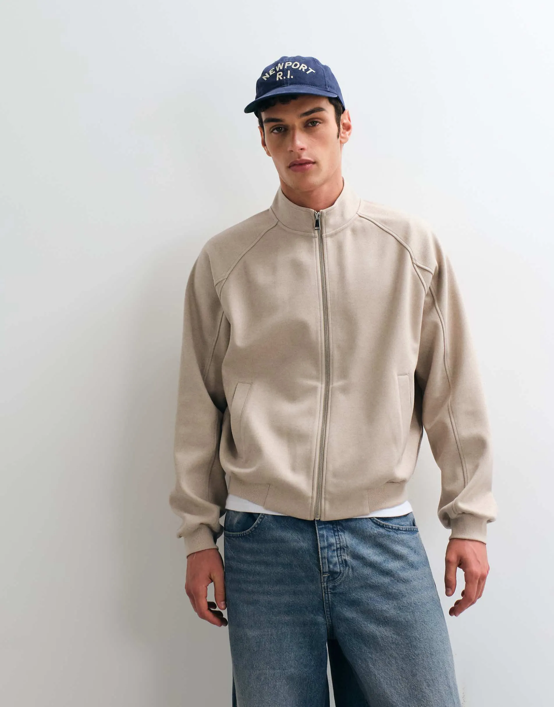 ASOS DESIGN relaxed boxy textured funnel neck zip through in light beige