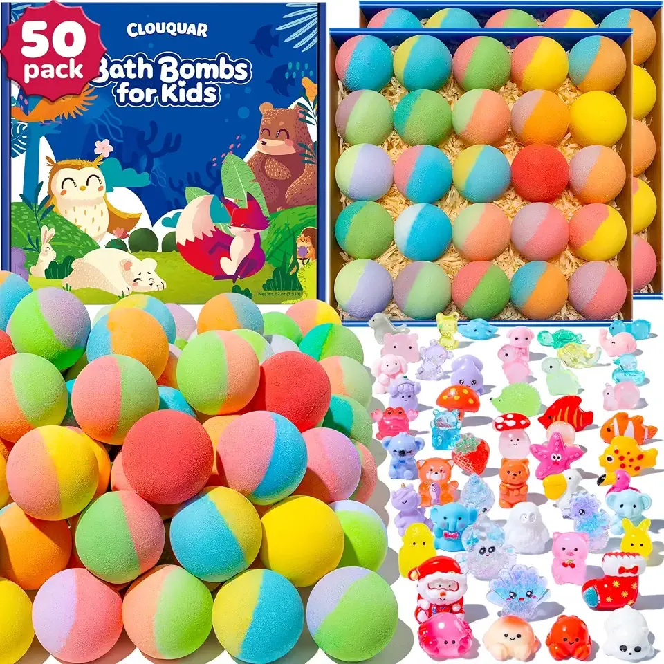50 Pack Kids Bath Bombs with Surprise Inside, Some Glow-in-The-Dark Toys | Kids Bath Toys, Natural Kid-Safe Fizzy Bath Ball, Advent Calendar Fillers & Christmas Stocking Stuffers for Boys Girls