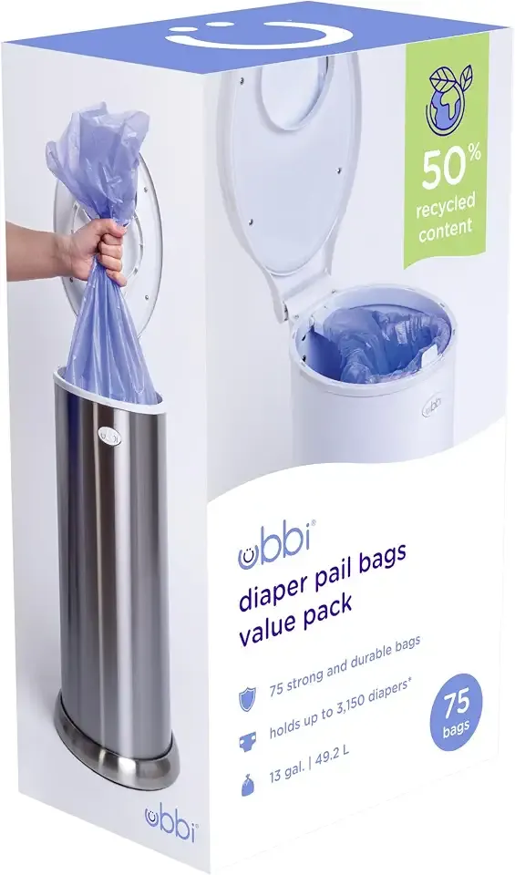 Ubbi Diaper Pail Plastic Bags, 13-Gallon Capacity, 3 Pack, 75 Count | Disposable Baby Waste Bags, Made from 50% Recycled Material, Each Bag Holds Up To 50 Newborn Diapers