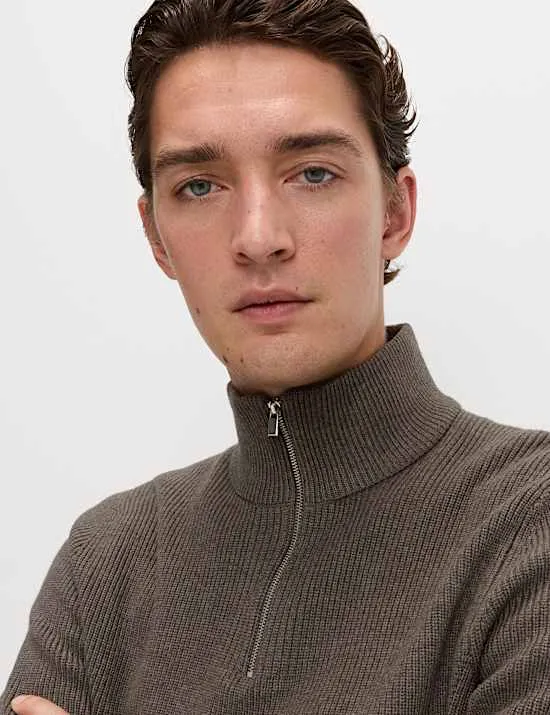 Cotton Blend Ribbed Half Zip Jumper
