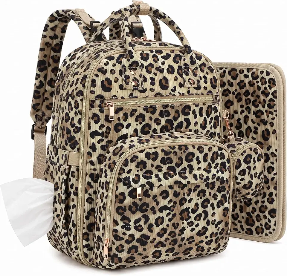 Corduroy Diaper Bag Backpack with Insulated Bottle Pockets, Leopard
