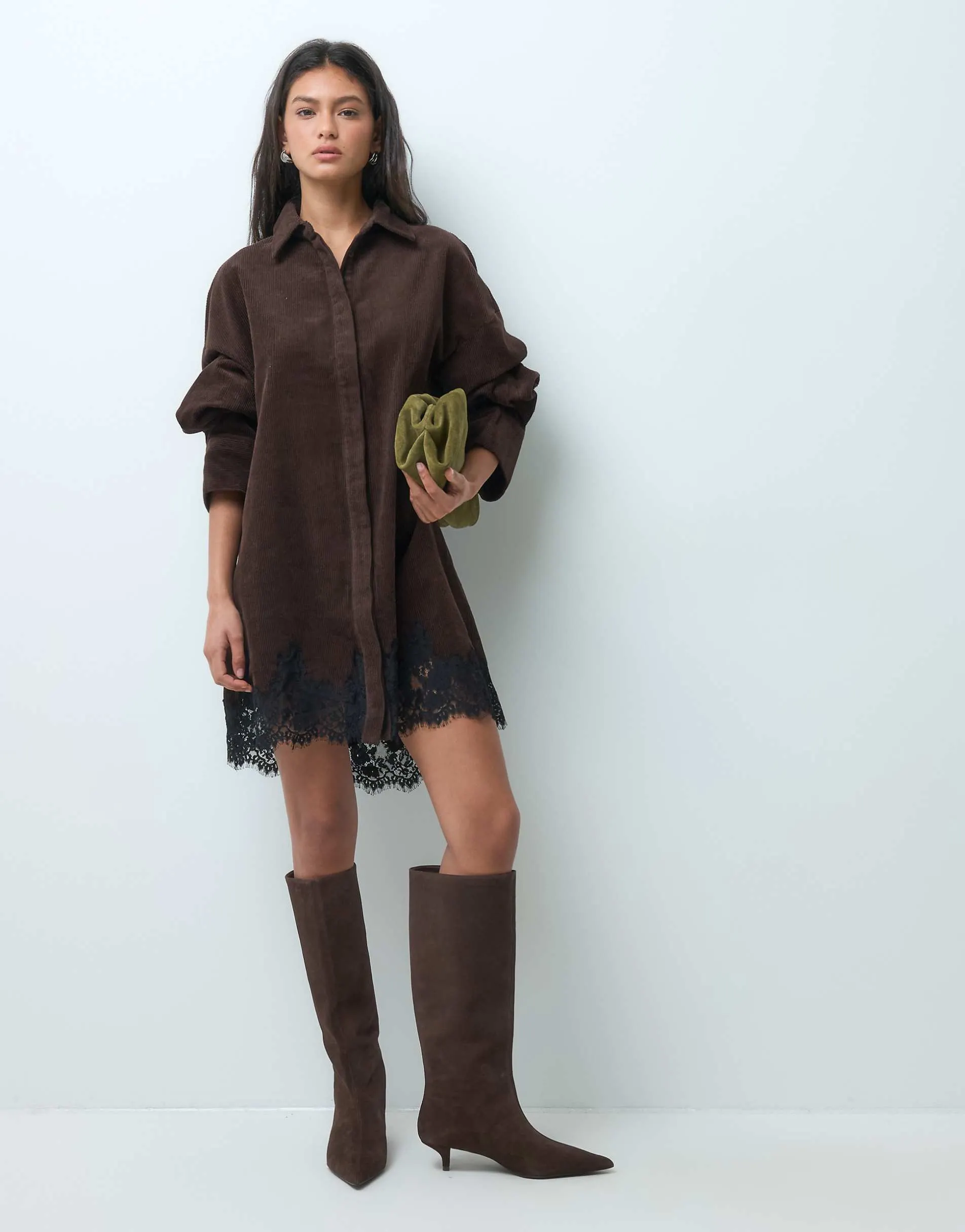ASOS DESIGN cord oversized mini shirt dress with lace hem in chocolate