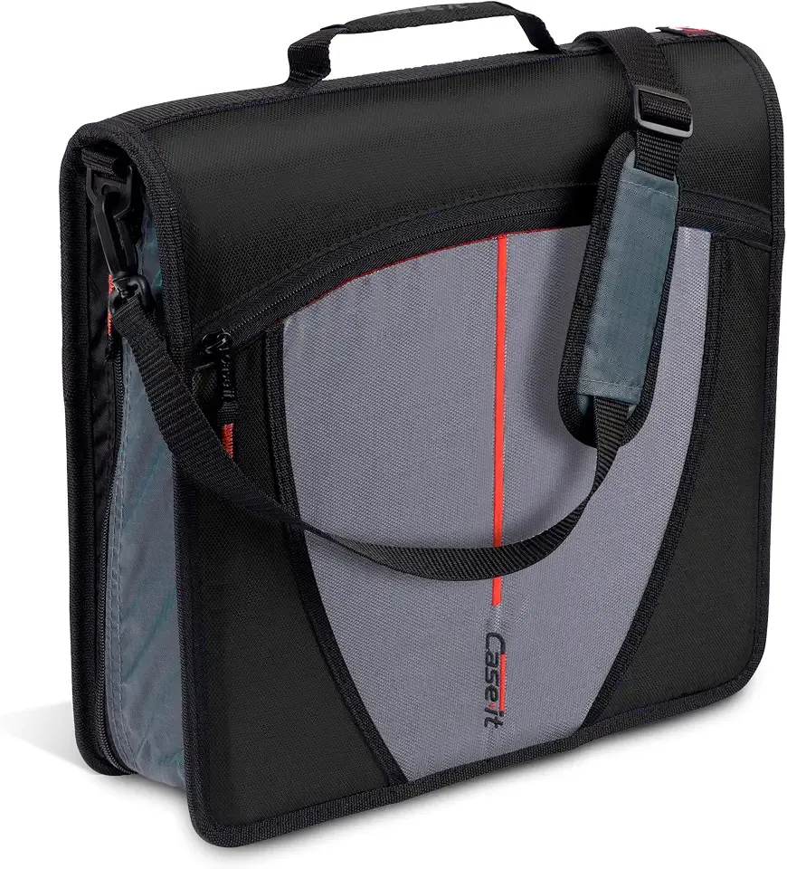 Case-it School Zipper Binder | 3-Inch O-Rings | 600-Sheet | D-146 Jet Black | Mighty Zip Tab, 5-Subject Expanding File Folder, Multiple Pockets, Storage Organizer, Shoulder Strap, Office