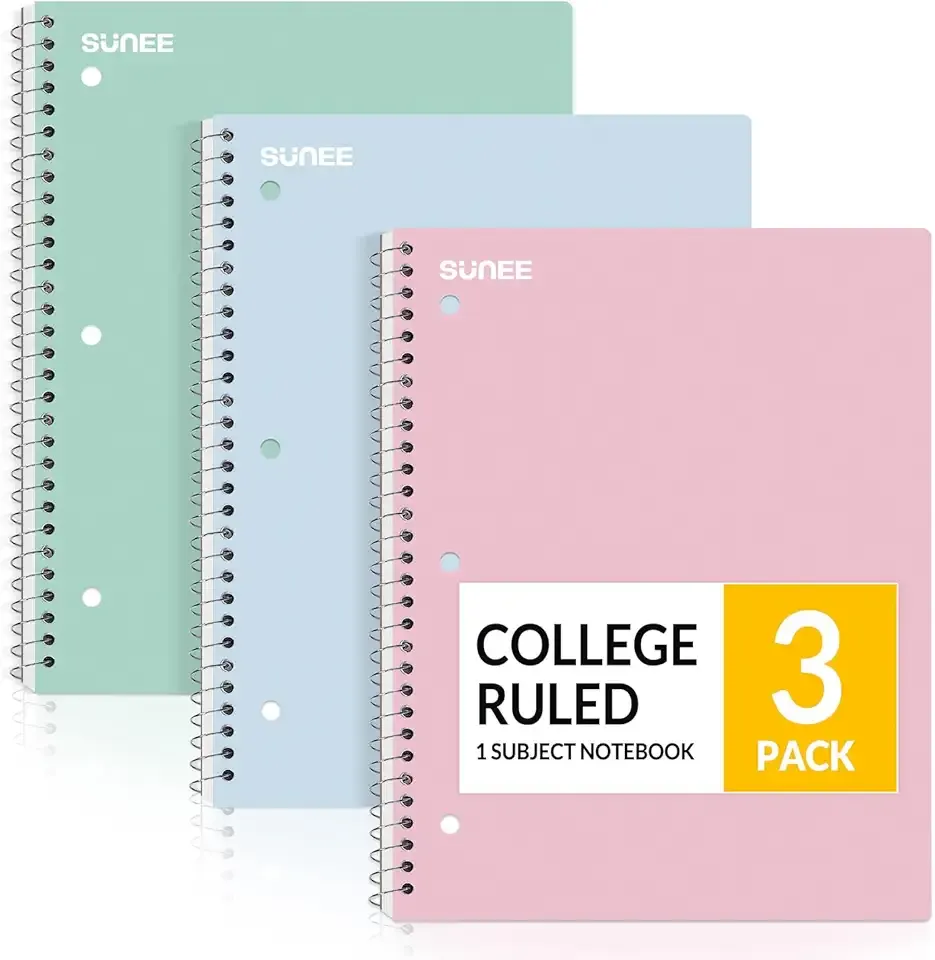 SUNEE Spiral Notebooks, 3 Pack, 1-Subject, College Ruled Paper, 8" x 10-1/2", 70 Sheets per Notebook, Assorted Pastel Colors Spiral Notebooks for School