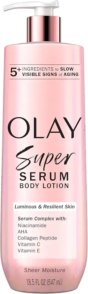 Olay Super Serum Hand & Body Lotion for Dry Skin, 24hr Long Lasting Hydration, 5+ Ingredient Complex for Bright Even Firm Luminous Skin, Sweet Vanilla & Soft Wood Scent, 18.5 fl oz