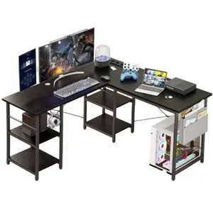 Escritorio Tbfit en forma de L con estantes, esquinero reversible, para espacios reducidos, escritorio grande para juegos con toma de corriente