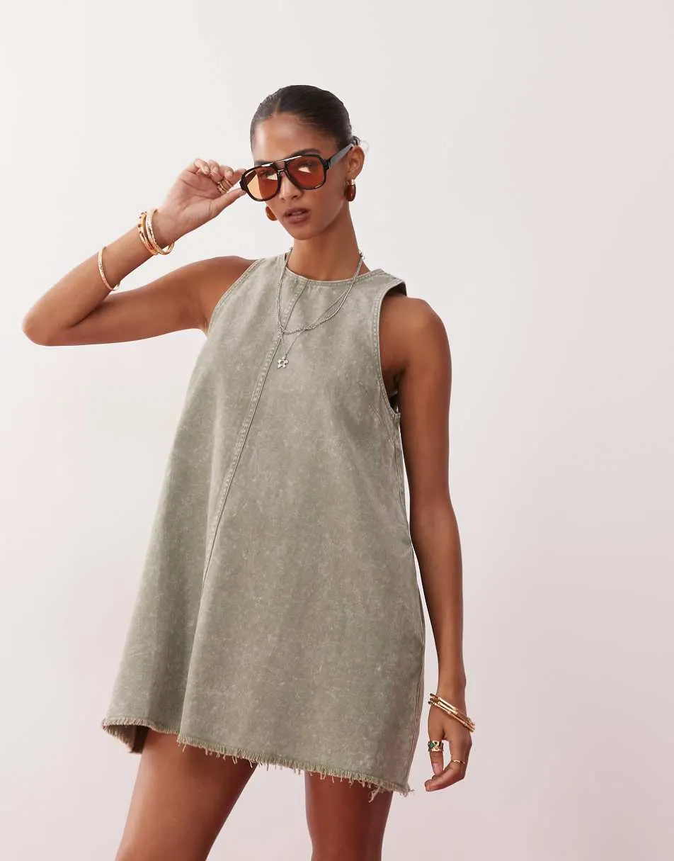 Monki sleeveless a line mini dress with frayed edge in khaki