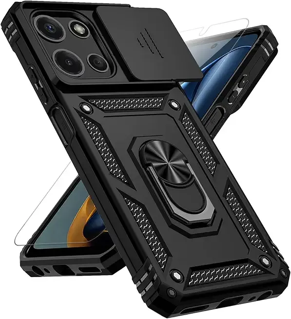 for Motorola Moto G 2025 Case, with Slide Camera Cover HD Screen Protector [Military Grade 16ft. Drop Tested] Magnetic Ring Holder Kickstand Protective Phone Case for Motorola Moto G 2025, Black