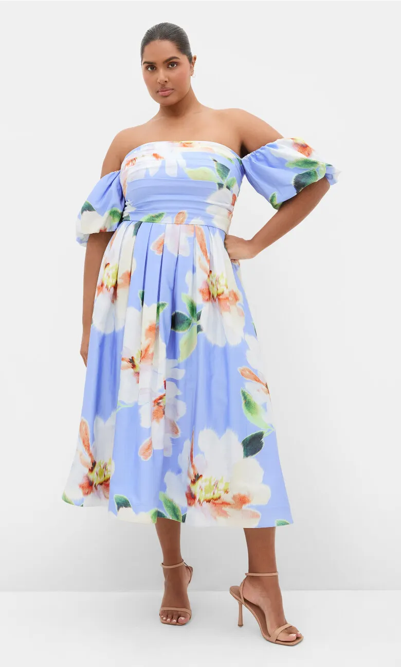 Rosalee Floral Print Puff Sleeve Midi Dress - sky blue