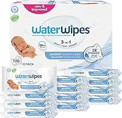 WaterWipes Sensitive+ Newborn & Baby Wipes, 3-In-1 Cleans, Cares, Protects, 99.9% Water, Unscented & Hypoallergenic, 720 Count (12 Packs) WaterWipes Sensitive+ Newborn & Baby Wip…