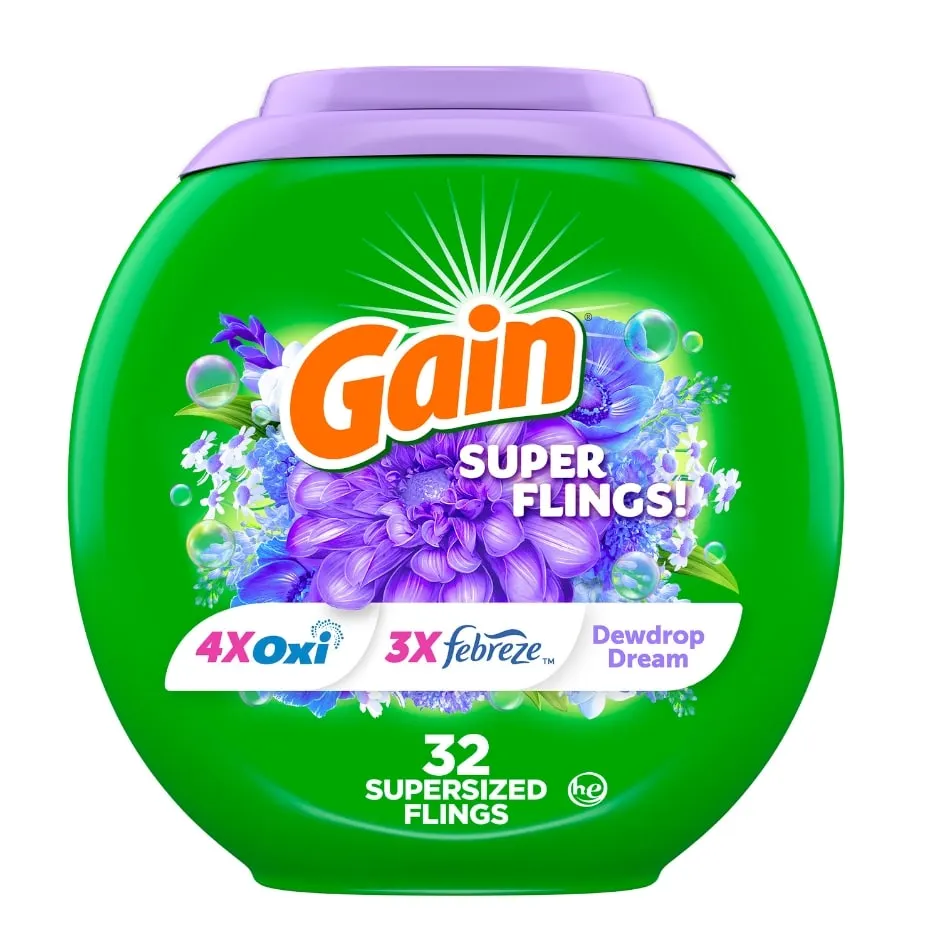 Gain Super Flings Laundry Detergent Pacs, 32 Count, Dewdrop Dream, irresistibly clean and fresh