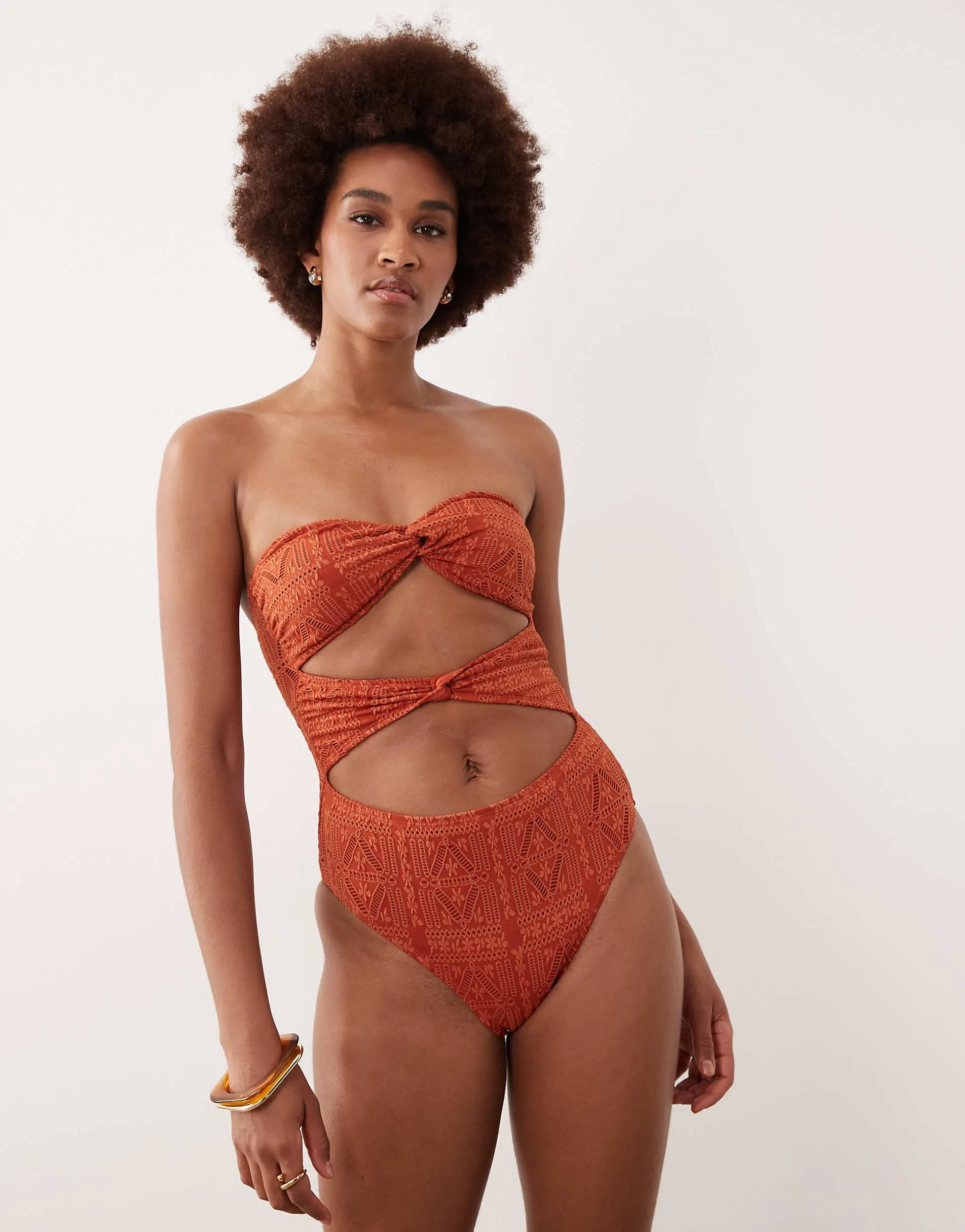 ASOS DESIGN Tall Kyle broderie Brooke twist front bandeau swimsuit in rust