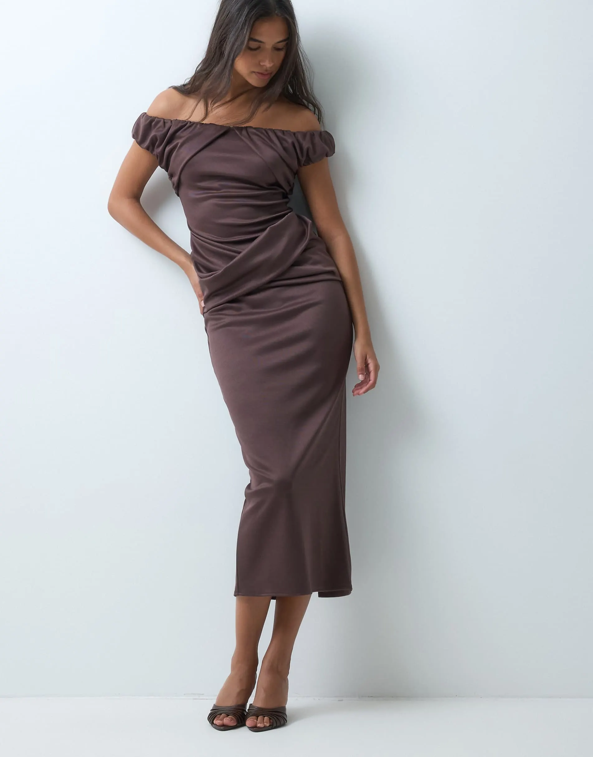 ASOS DESIGN structured midi dress with ruched off shoulder detail in chocolate