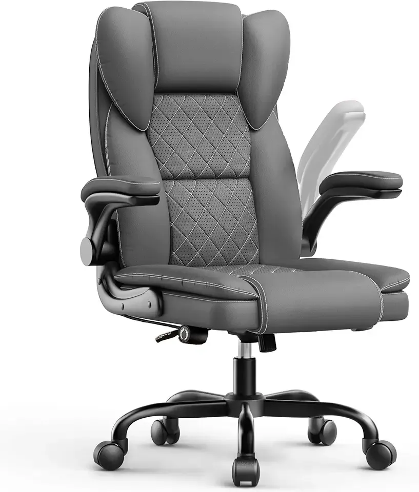 naspaluro Ergonomic Office Chair, Executive PU Leather Chair, Computer Desk Chair with Adjustable Lumbar Support Flip-up Arms, Executive Task Chair, Office Chairs for Home Office, Big and Tall, Gray