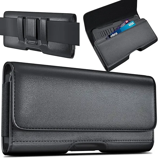 DeBin Cell Phone Case for iPhone 16 16e 15 14 13 12 11 Xs Xs & Pro Models, Leather Belt Clip Holster with ID/Credit Card Pouch, Magnetic Cover - Black