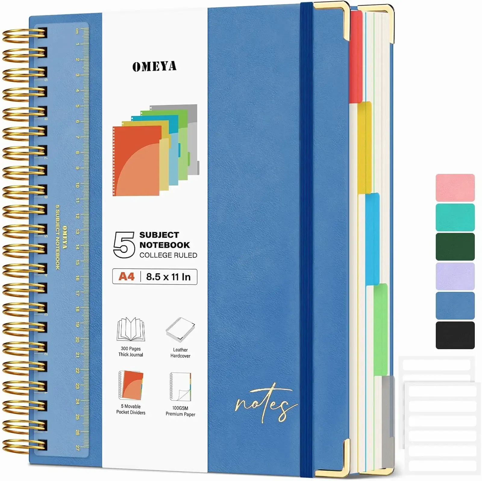 Hardcover Spiral Notebook 8.5" x 11": Leather 5 Subject Notebooks College Ruled with Pocket Dividers & Ruler, 300 Pages 100GSM Thick Writing Journal for Women, Large A4 Lined Notebooks for Work School