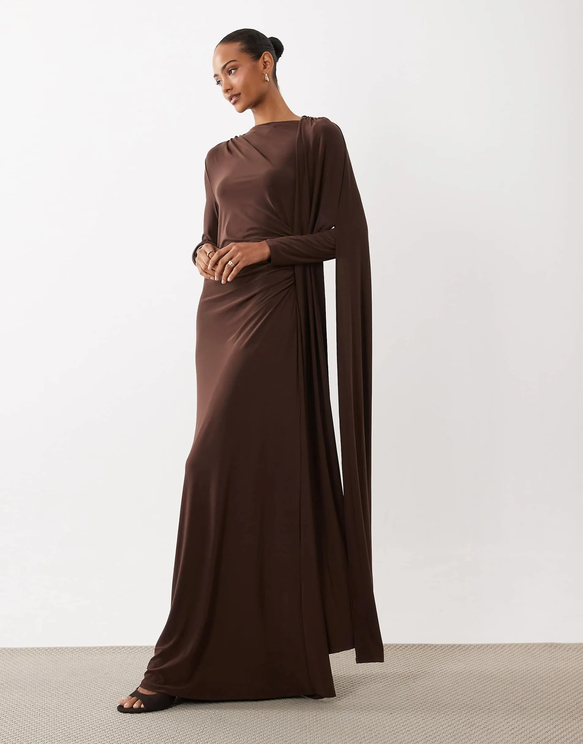 Daska one shoulder cape maxi dress in chocolate