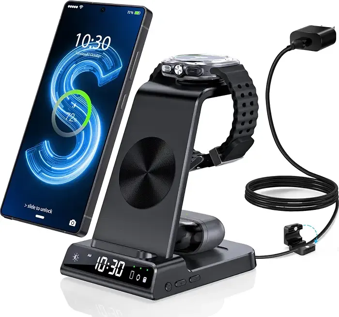 Wireless Charger for Samsung S25 with Clock 3 in 1 Android Charging Station | Charging Station for Galaxy S25 Ultra,Z Flip 7,Fold,Galaxy Bud,Watch Charger for Galaxy Watch 8,7,6,5Pro, Nightstand Charger