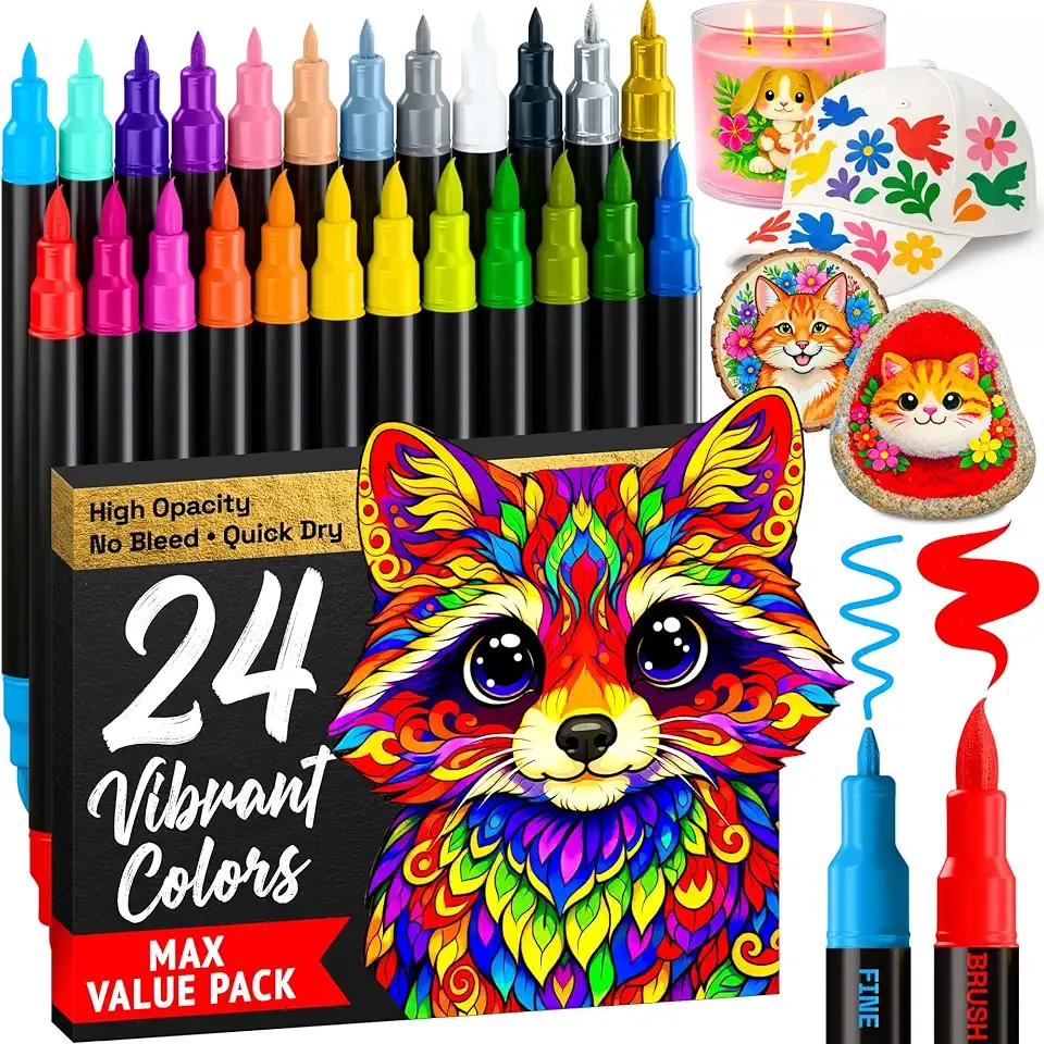 ARTISTRO 24 Acrylic Paint Markers - Paint Pens for Drawing, Brush + Fine Tips - For Fabric, Rock, Glass, Wood, DIY - Art & Craft Supplies for Adults, Teens, Kids - Teacher Appreciation Gift