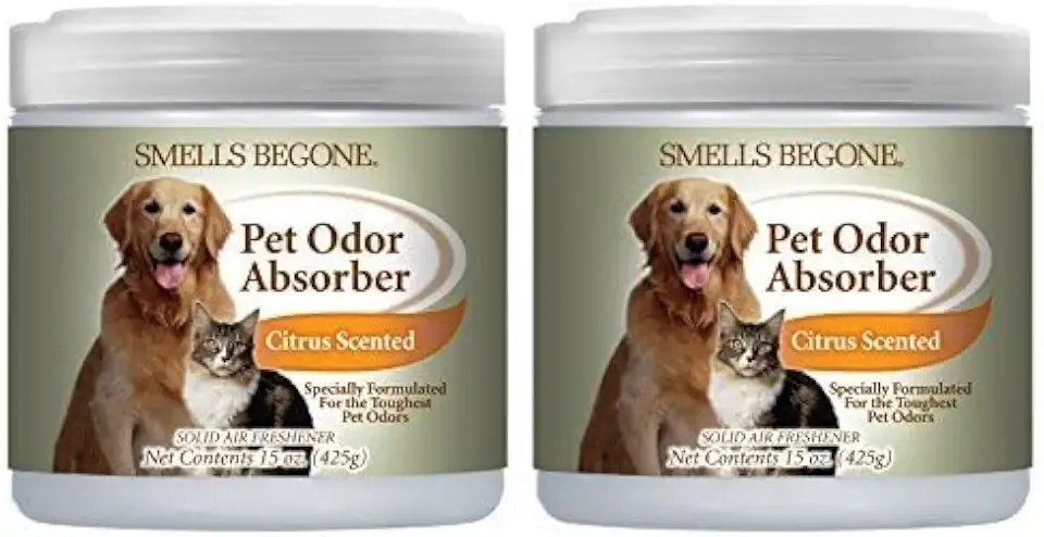 SMELLS BEGONE 15oz Gel Pet Odor Eliminator - Absorb & Remove Strong Odors from Pets, Cat Litter, Dog Poop, Urine Smells - Eliminate Whole Home Odors with Essential Oils (2-Pack, Pet Citrus)
