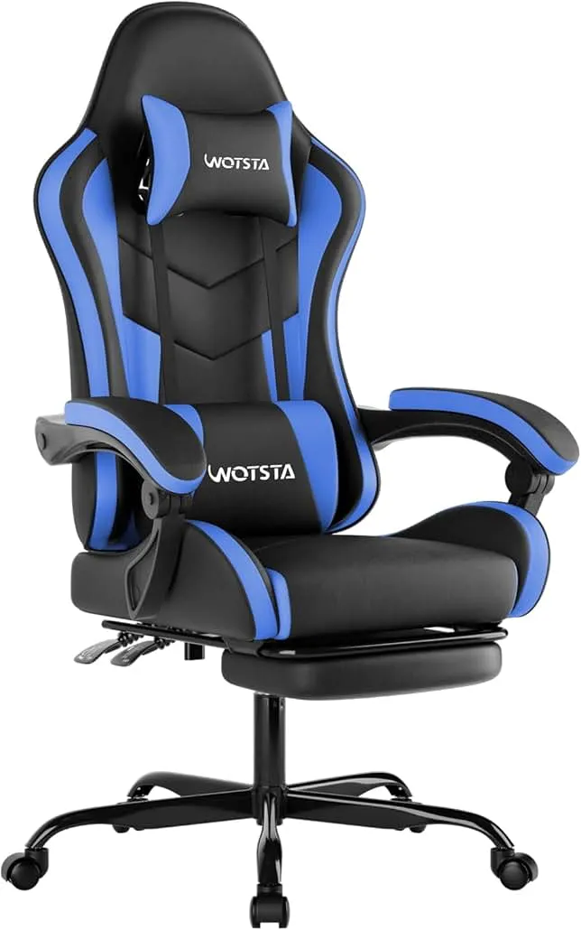 WOTSTA Ergonomic Gaming & Office Chair, Footrest, Racing Design Black/Blue | PVC with headrest,lumbar, Adjustable…