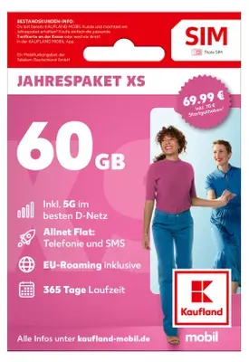 KAUFLAND MOBIL Prepaid SIM Jahrespaket Smart XS (60 GB) mit 5G im besten D-Netz