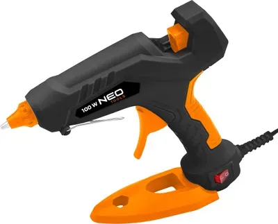 NEO TOOLS Klebepistole 11 mm, 100W, Stromversorgung 230V, 50HZ, austauschbares Metall-Endstück, Leistung 22 g/min, , Rheinland, Tropffreie Metallspitze für präzisen Klebstoffauftrag