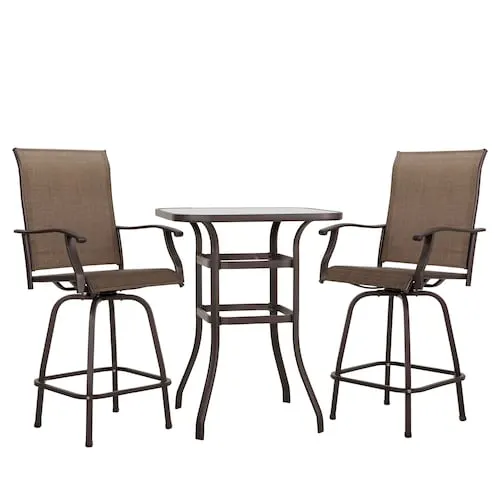 Nuu Garden Brown with Gold Speckles 3-Piece Metal Sling Square Bar Height Outdoor Bar Set and Silk Screen Glass Tabletop
