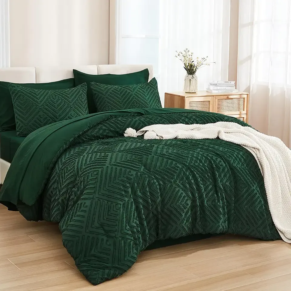 Andency King Size Comforter Set 7 Pieces Dark Emerald Green - Bed in a Bag King Boho Lightweight Fluffy Tufted Bedding Comforter Sets with Quilt Comforter, Sheets, Pillowcases & Shams