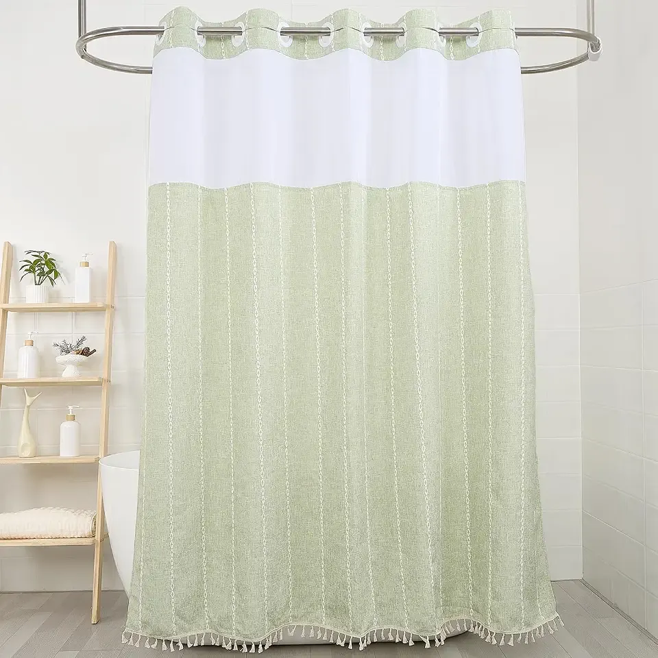 Linen Shower Curtain with Snap in Liner - Light Green, 71W x 74L | No Hooks Needed, Heavy Duty Waterproof Fabric with Tassels, Mesh Top, Linen Blend Bath Curtain for Modern Farmhouse Bathroom