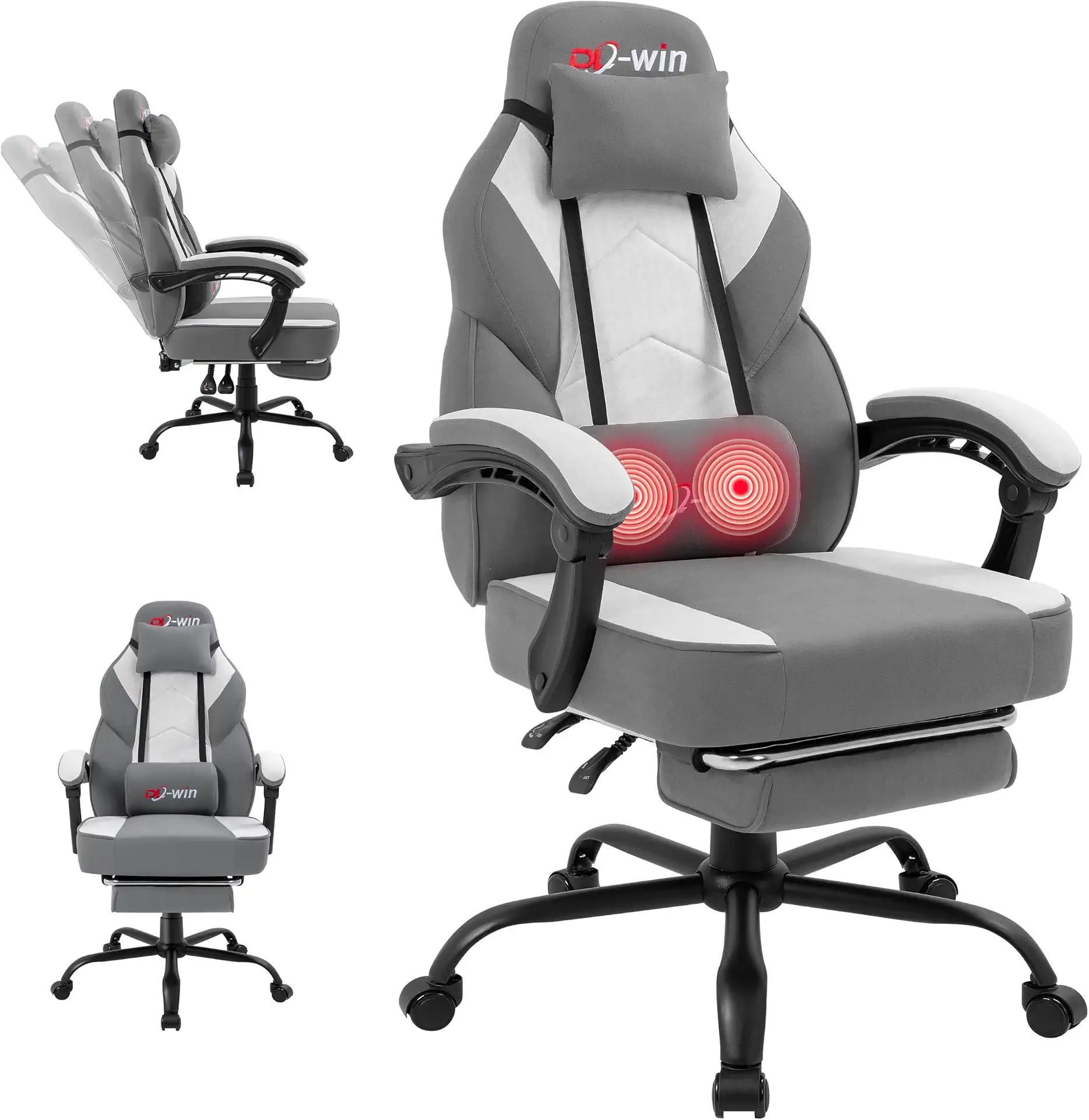 Gaming Chair for Adults with Footrest & Massage Lumbar Support, Ergonomic High Back Gamer Chair, Adjustable Swivel Computer Gaming Chairs with Headrest and Linkage Armrests,Green (Greige)