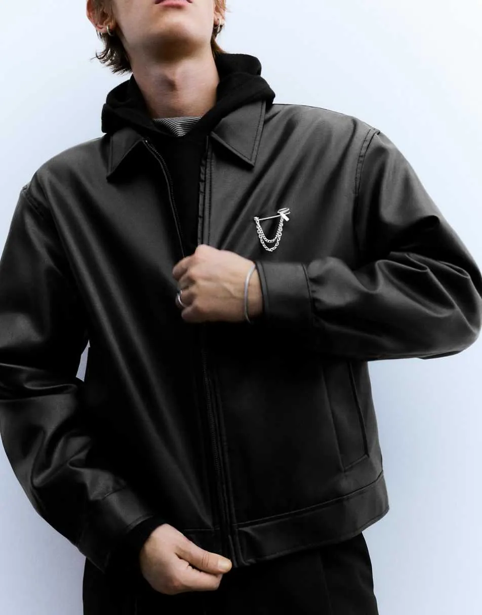 Pull&Bear Leather effect trucker jacket in black