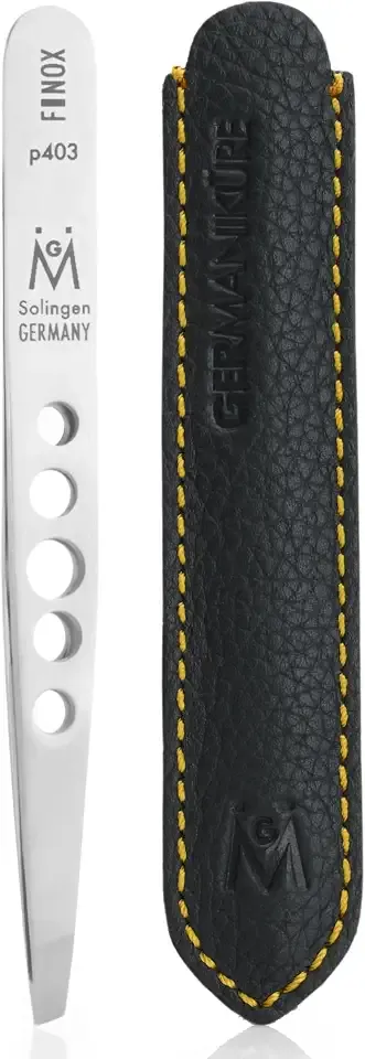 GERMANIKURE Perforated Slanted Tweezers, FINOX German Steel, Leather Case