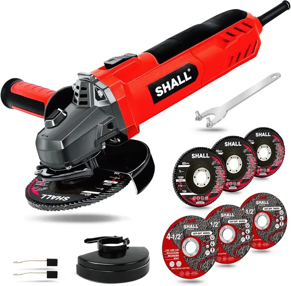 7.5Amp 4-1/2 Inch 12000 RPM Angle Grinder with 2 Guards, 3 Cutting Wheels, 3 Discs, Non-Slip Handle and Carbon Brush for Metal and Wood